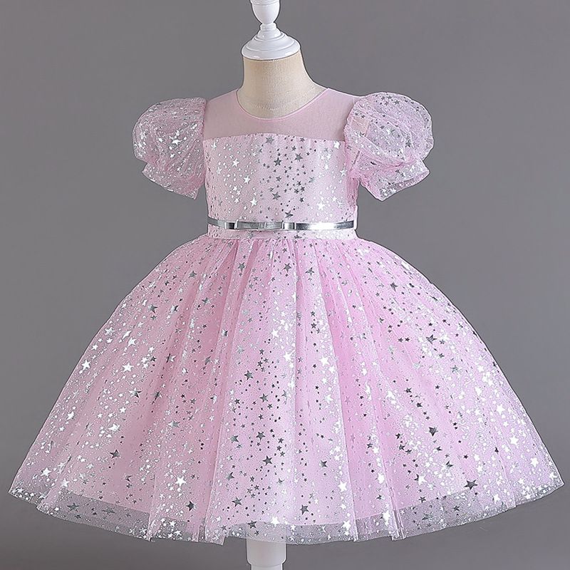 New Foreign Trade Children's Puff Skirt with sequins Wedding Dress for Girls and Babies One Year Old Bubble Sleeve Dress Performance Dress