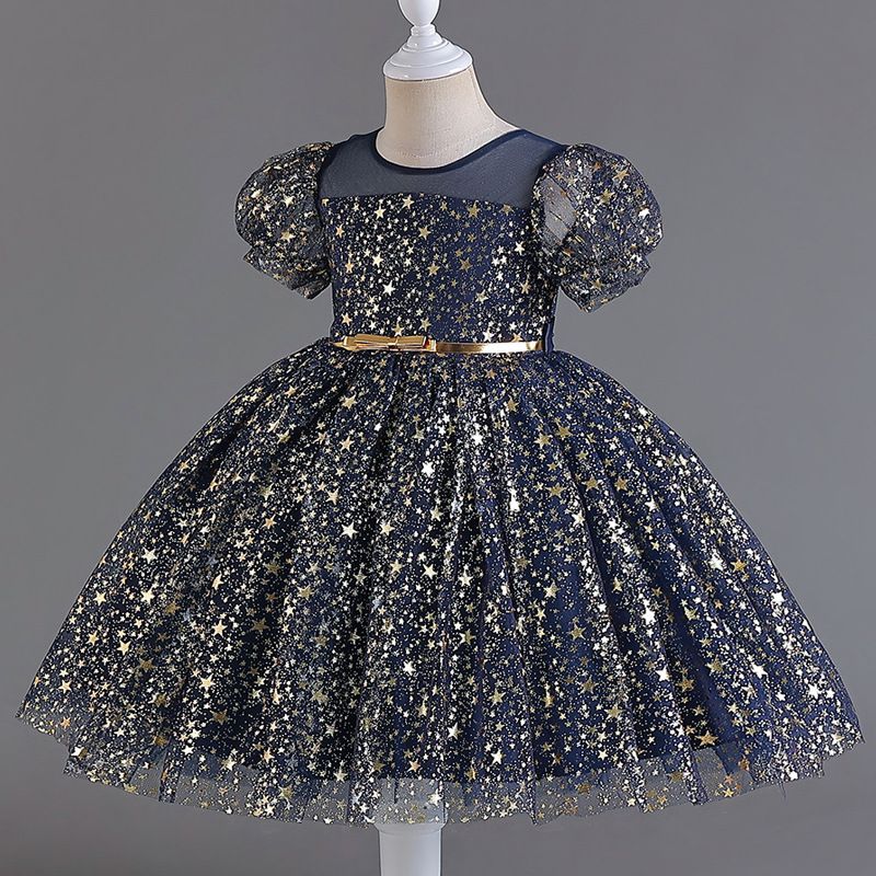 New Foreign Trade Children's Puff Skirt with sequins Wedding Dress for Girls and Babies One Year Old Bubble Sleeve Dress Performance Dress