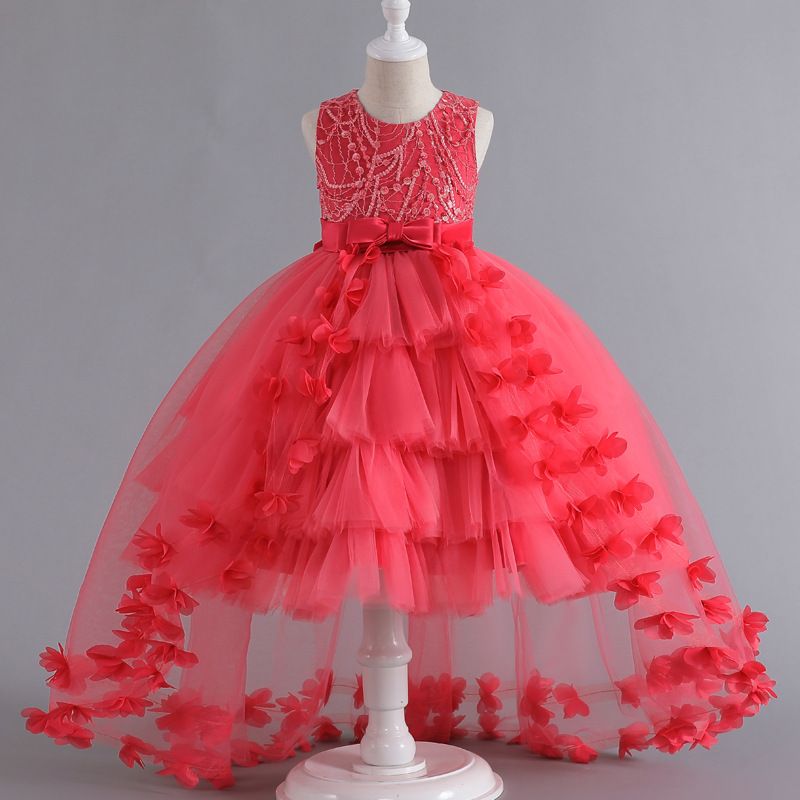 Girl Princess Dress Sleeveless Puff Dress European and American Flower Girl Wedding Stage Performance Dress Trailing Tail Dress