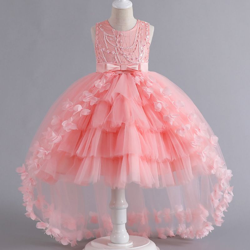 Girl Princess Dress Sleeveless Puff Dress European and American Flower Girl Wedding Stage Performance Dress Trailing Tail Dress