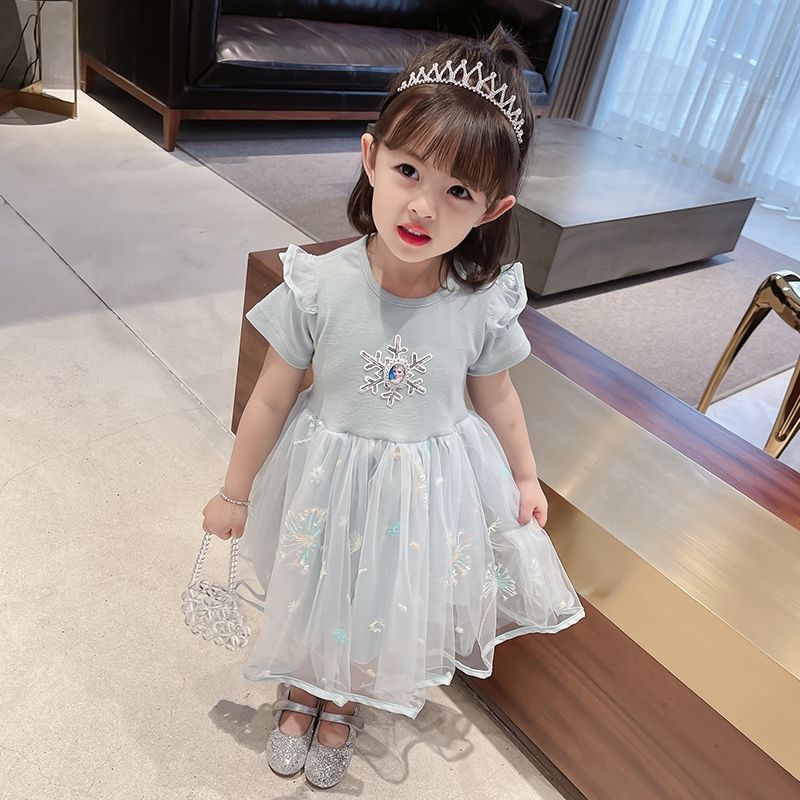 Girls' dress summer dress Elsa princess dress children's 2024 summer new short sleeved stylish baby mesh dress
