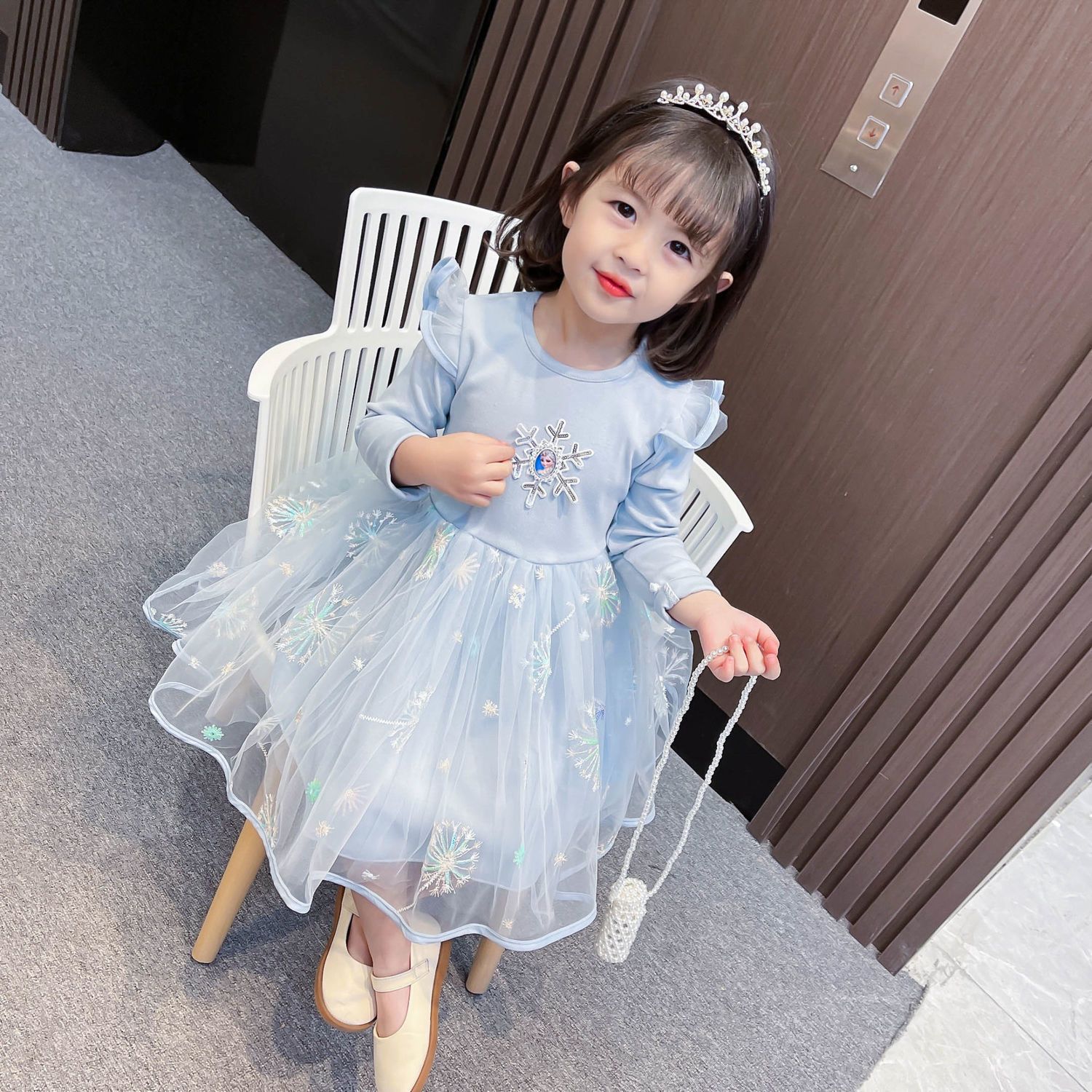 Girls' dress summer dress Elsa princess dress children's 2024 summer new short sleeved stylish baby mesh dress
