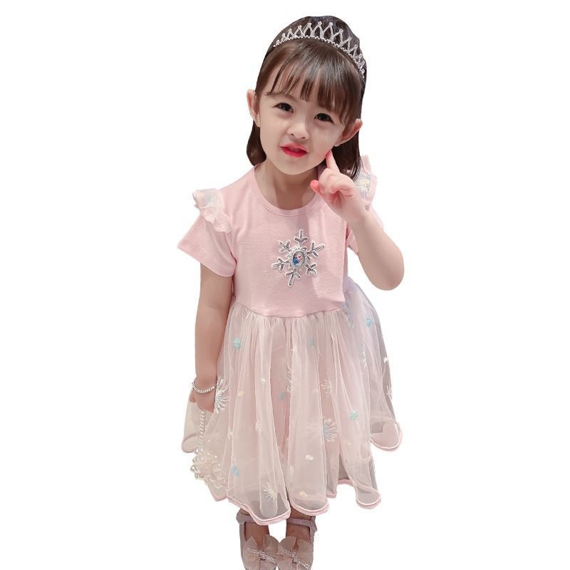 Girls' dress summer dress Elsa princess dress children's 2024 summer new short sleeved stylish baby mesh dress