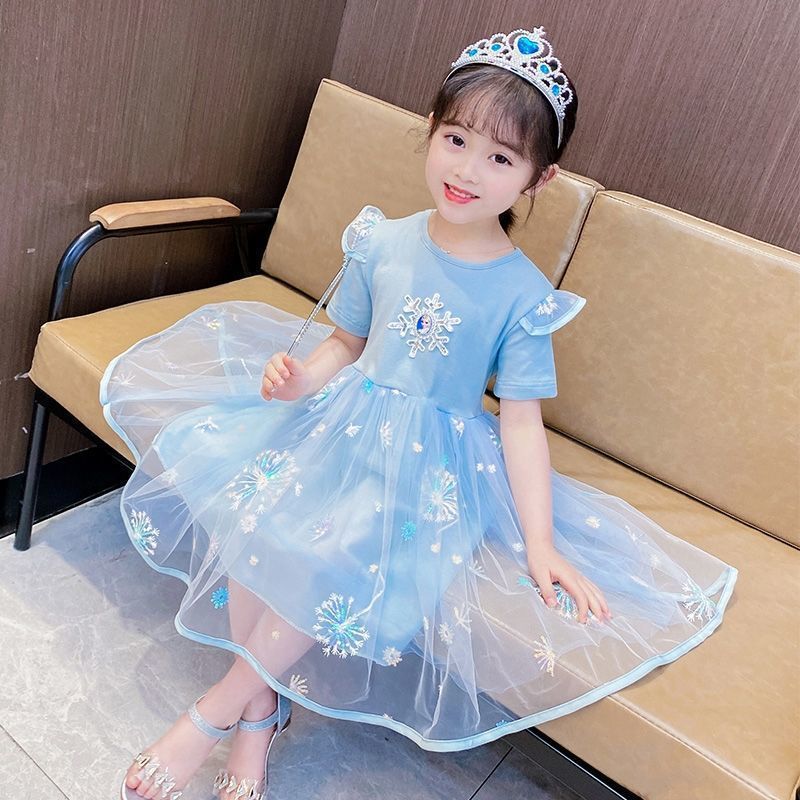 Girls' dress summer dress Elsa princess dress children's 2024 summer new short sleeved stylish baby mesh dress