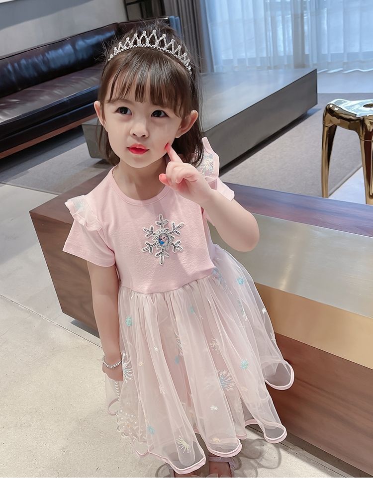 Girls' dress summer dress Elsa princess dress children's 2024 summer new short sleeved stylish baby mesh dress