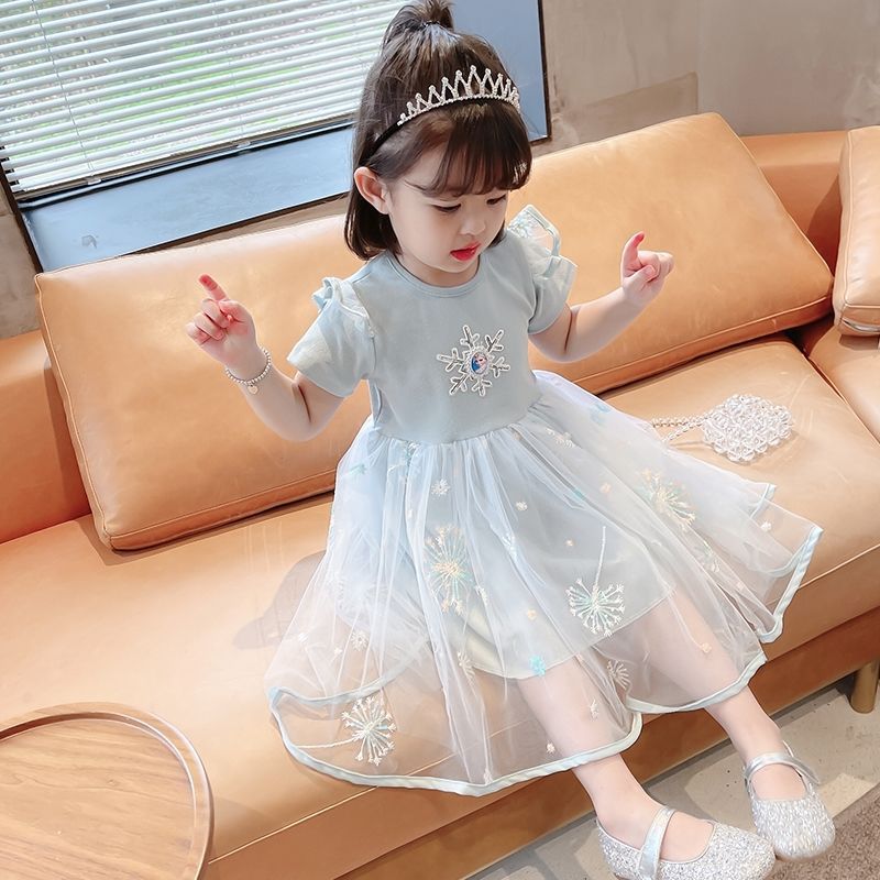 Girls' dress summer dress Elsa princess dress children's 2024 summer new short sleeved stylish baby mesh dress