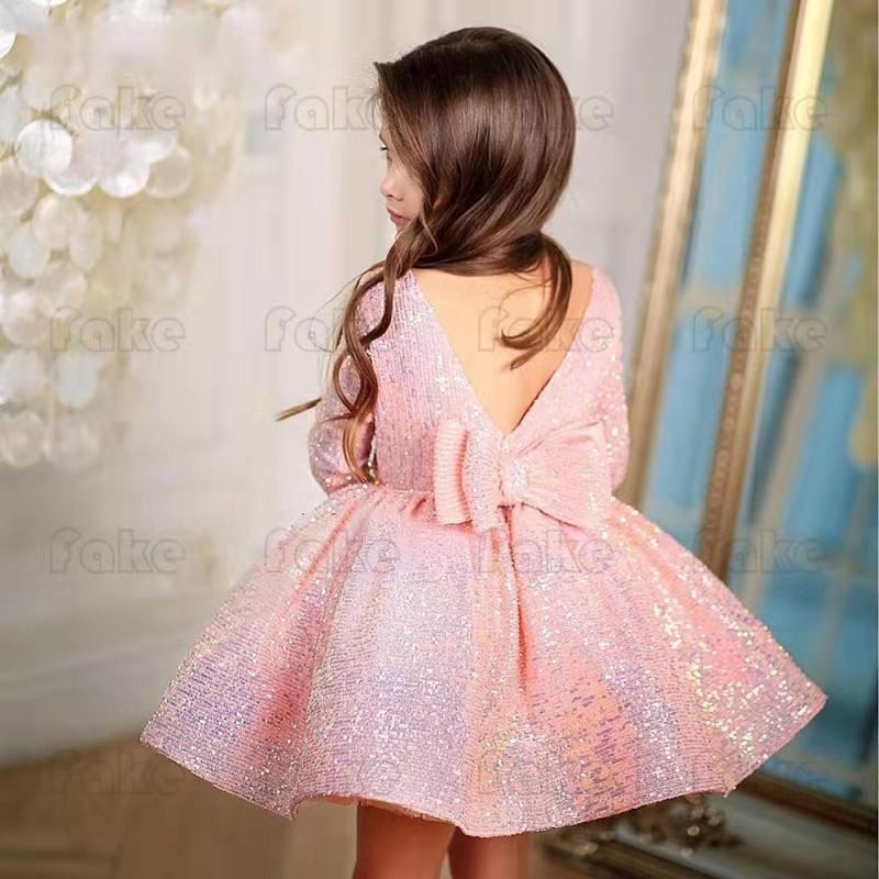 Children's formal dress, fluffy silk princess dress, girls' birthday party sequins, piano runway performance dress, long sleeved dress