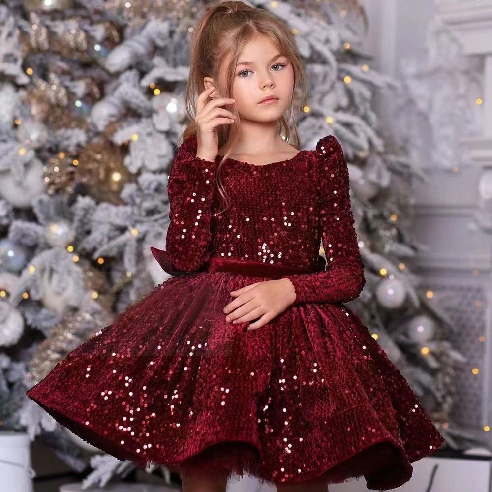 Children's formal dress, fluffy silk princess dress, girls' birthday party sequins, piano runway performance dress, long sleeved dress