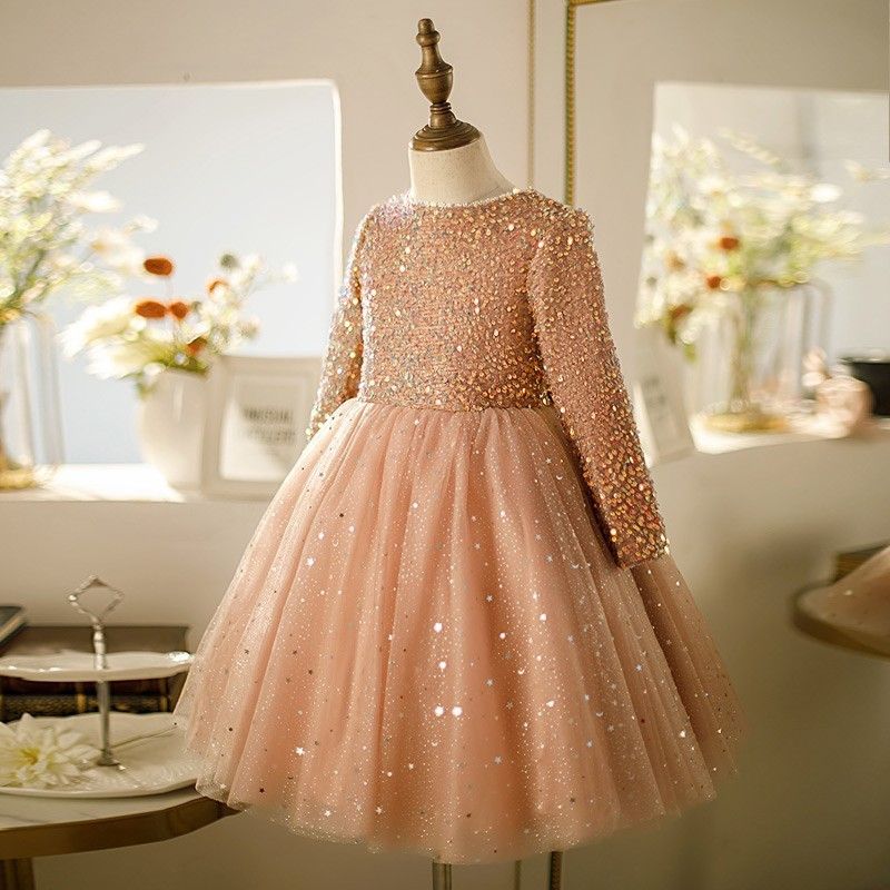 Children's formal dress, fluffy silk princess dress, girls' birthday party sequins, piano runway performance dress, long sleeved dress