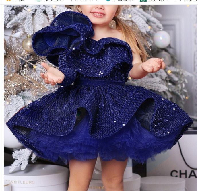 Children's formal dress, fluffy silk princess dress, girls' birthday party sequins, piano runway performance dress, long sleeved dress