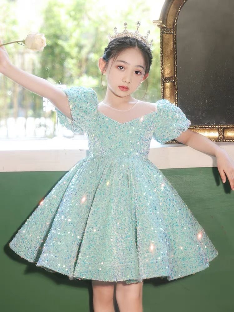 Children's formal dress, fluffy silk princess dress, girls' birthday party sequins, piano runway performance dress, long sleeved dress