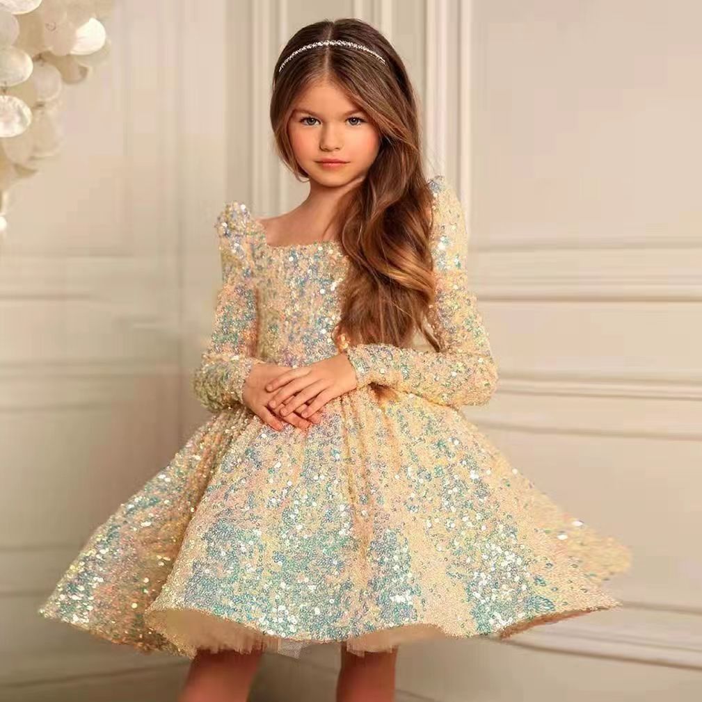 Children's formal dress, fluffy silk princess dress, girls' birthday party sequins, piano runway performance dress, long sleeved dress