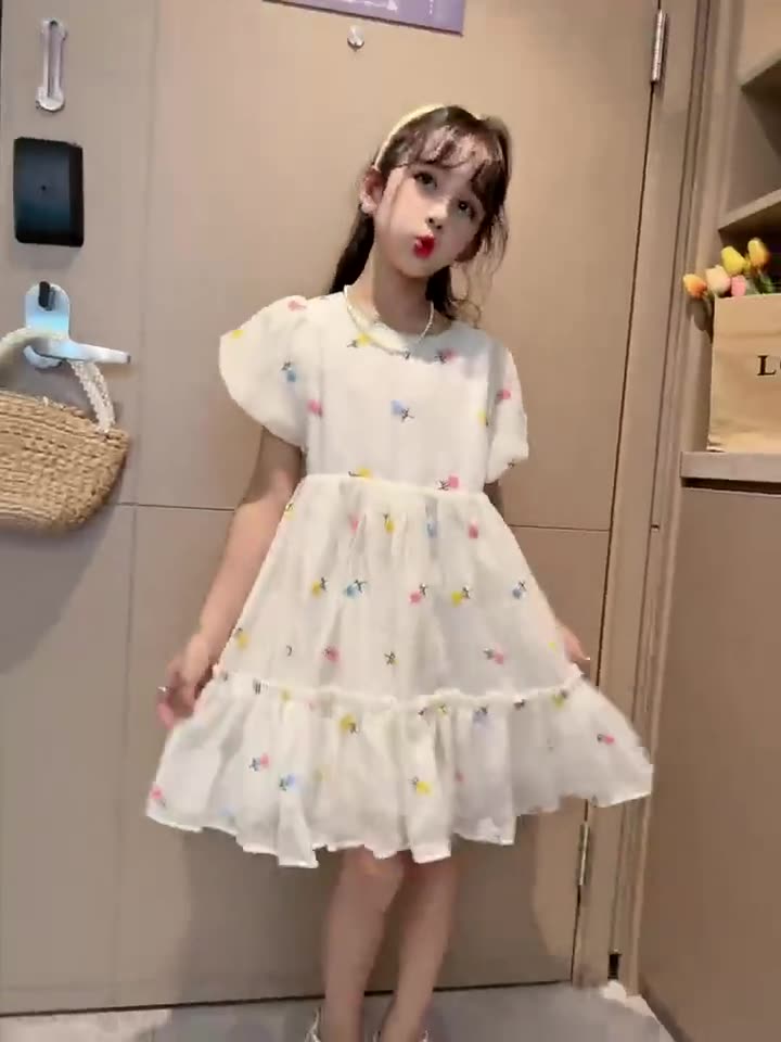 Girls' dress 2024 summer outfit new children's stylish embroidered bow short sleeved girls' floral princess dress