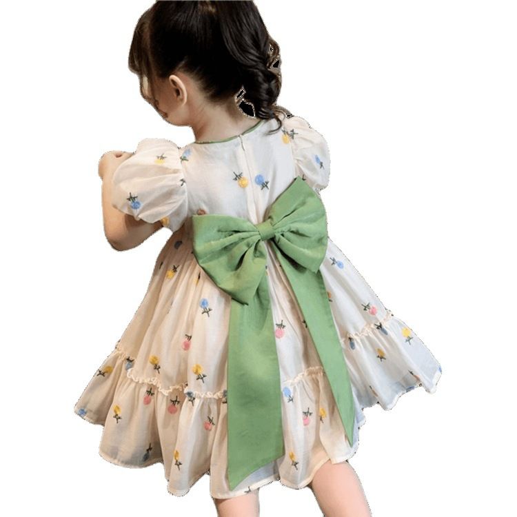 Girls' dress 2024 summer outfit new children's stylish embroidered bow short sleeved girls' floral princess dress