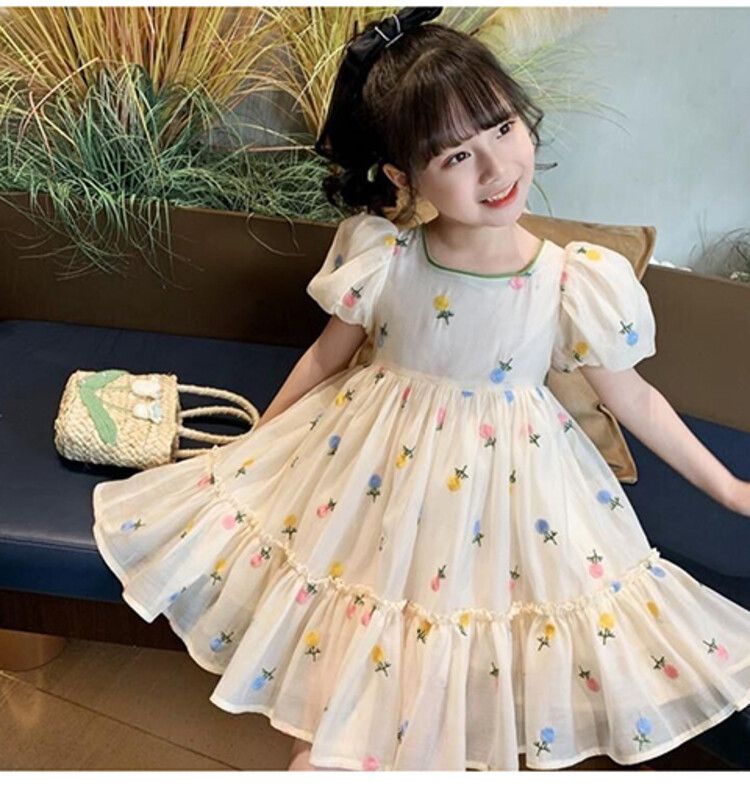 Girls' dress 2024 summer outfit new children's stylish embroidered bow short sleeved girls' floral princess dress