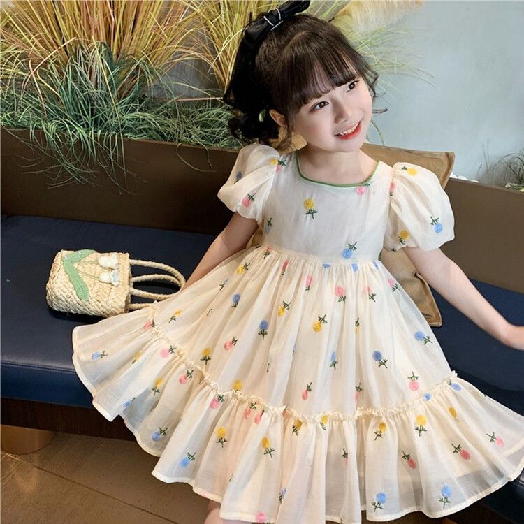 Girls' dress 2024 summer outfit new children's stylish embroidered bow short sleeved girls' floral princess dress
