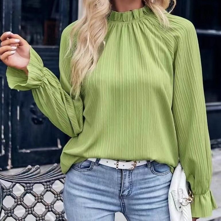 New solid color commuting wind lotus leaf collar loose long sleeved shirt for women