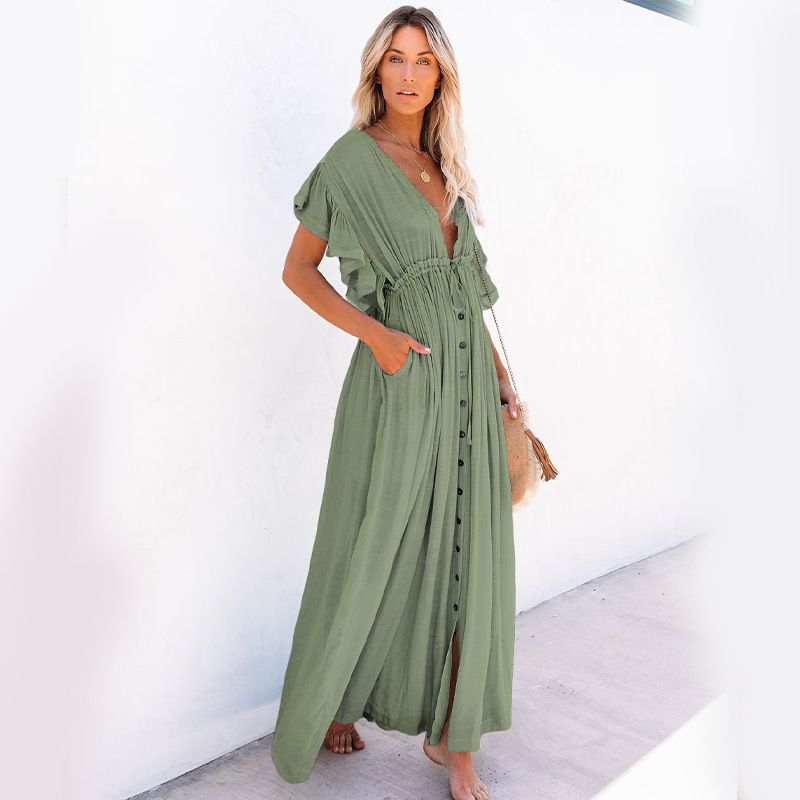 New women's solid color beach cover, long skirt, sun protection shirt, Hawaii beach vacation