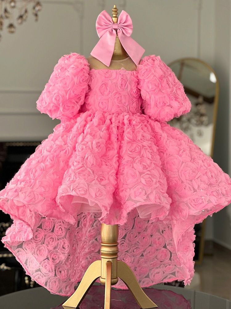 New Pink Dress with Short Front and Long Rear, Rose Blossoms, European and American Princess Dress for Girls