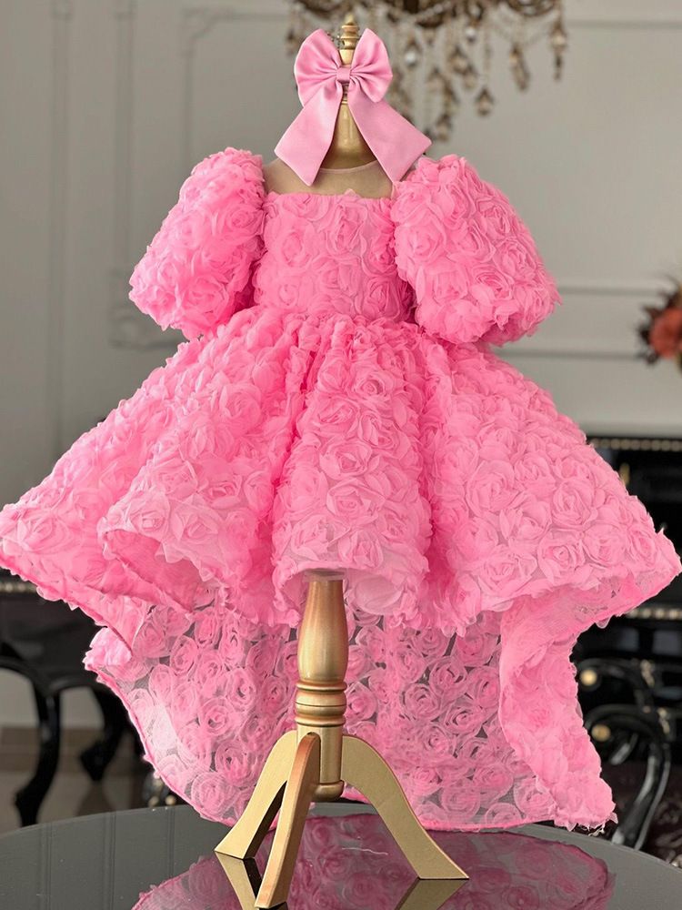 New Pink Dress with Short Front and Long Rear, Rose Blossoms, European and American Princess Dress for Girls