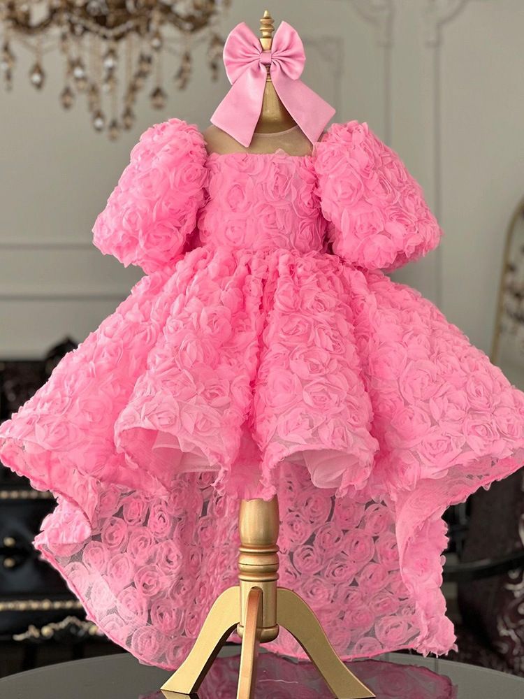 New Pink Dress with Short Front and Long Rear, Rose Blossoms, European and American Princess Dress for Girls