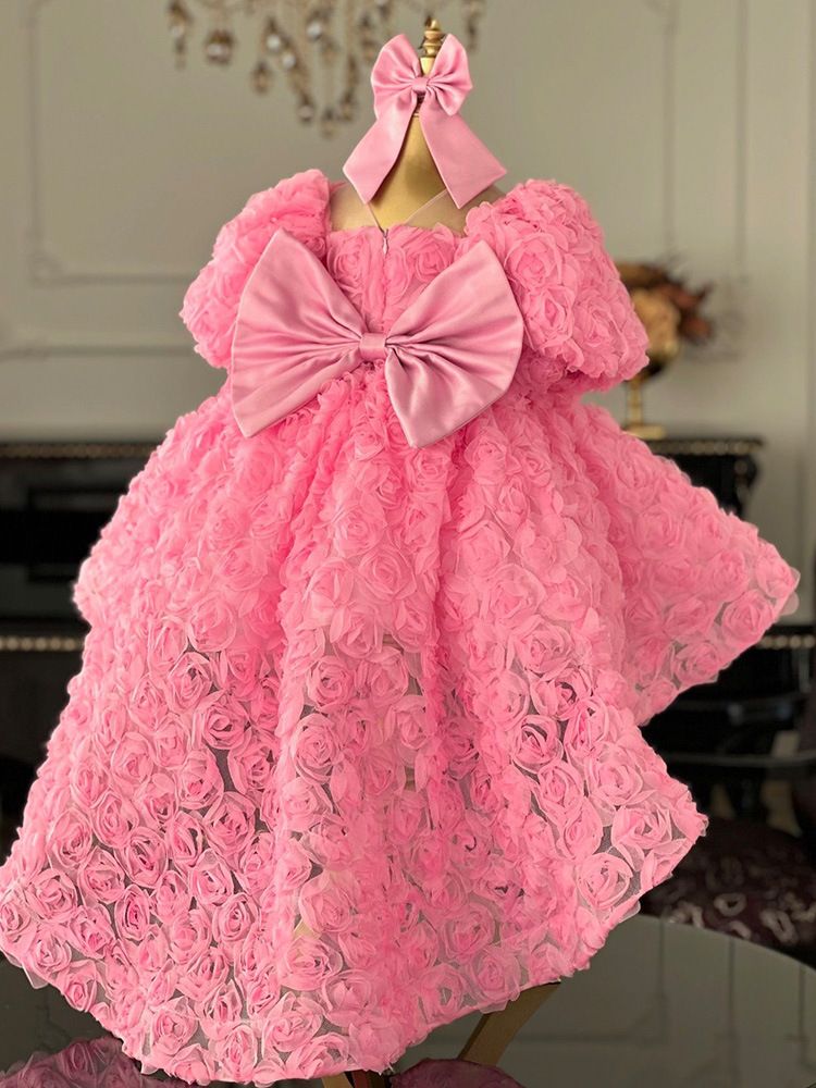 New Pink Dress with Short Front and Long Rear, Rose Blossoms, European and American Princess Dress for Girls