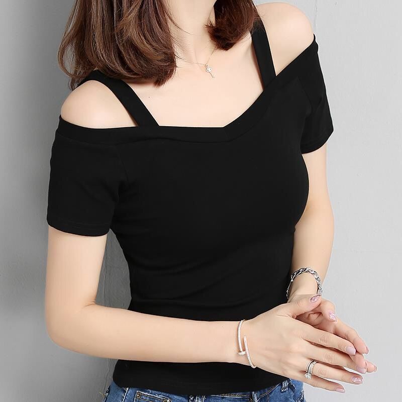 Summer new Korean version off shoulder camisole short sleeved T-shirt for women with a one neck off shoulder sexy slim fit student top