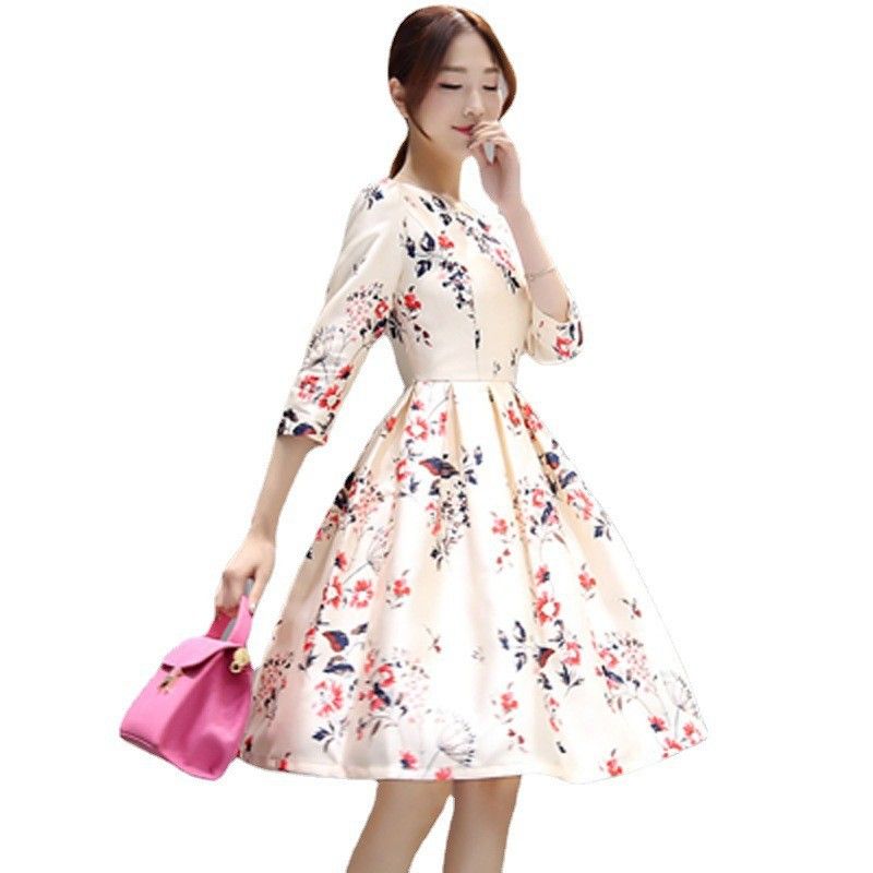 Spring and summer Korean version new seven quarter sleeve mid length dress with temperament base and slim fit A-line skirt