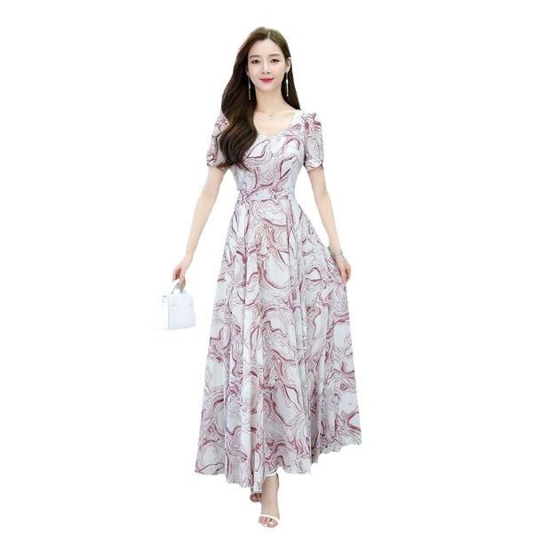 Short sleeved fashionable dress, new style, chubby sister, loose plus size, ladies look slim, summer printed long skirt
