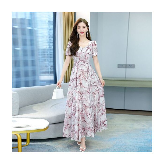 Short sleeved fashionable dress, new style, chubby sister, loose plus size, ladies look slim, summer printed long skirt