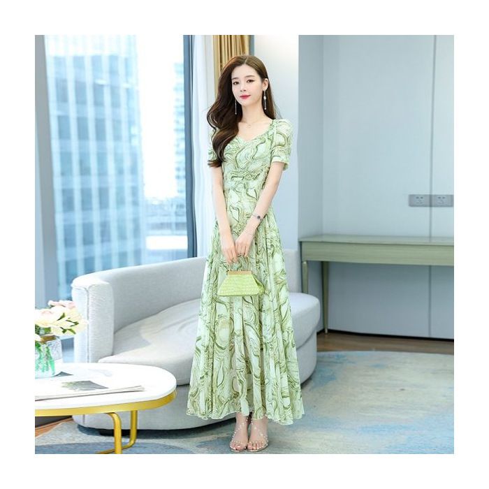 Short sleeved fashionable dress, new style, chubby sister, loose plus size, ladies look slim, summer printed long skirt