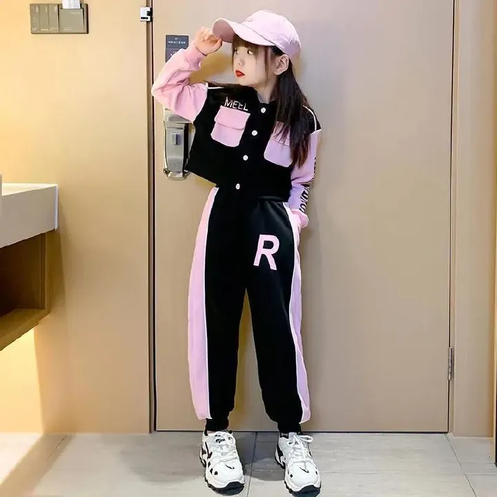 New girls' set, stylish children's autumn and winter collection, mid size children's casual fashionable jacket, hoodie two-piece set