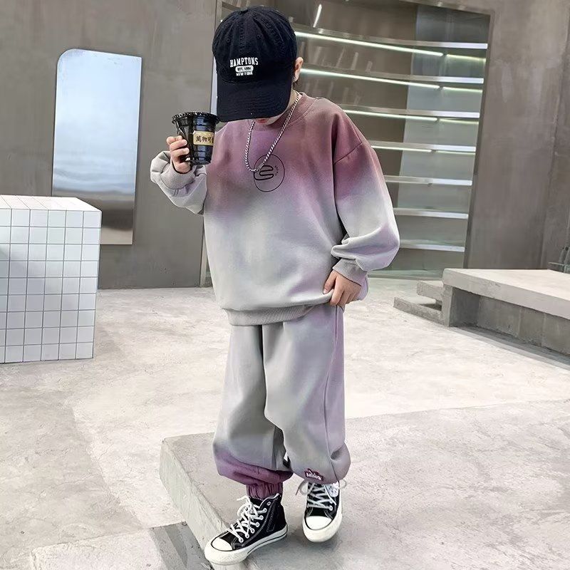 New Boys' Trendy Brand Autumn and Winter Set, Large Boys' Color blocked Hoodie, Casual and Western Style, Handsome and Cool Children's Clothing