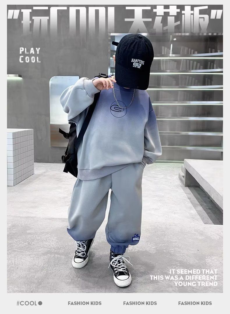 New Boys' Trendy Brand Autumn and Winter Set, Large Boys' Color blocked Hoodie, Casual and Western Style, Handsome and Cool Children's Clothing