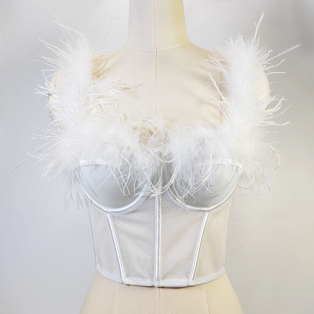 Advanced feeling ostrich fur super fairy fish bone strapless shaping waist cinching slimming big backless feather sling