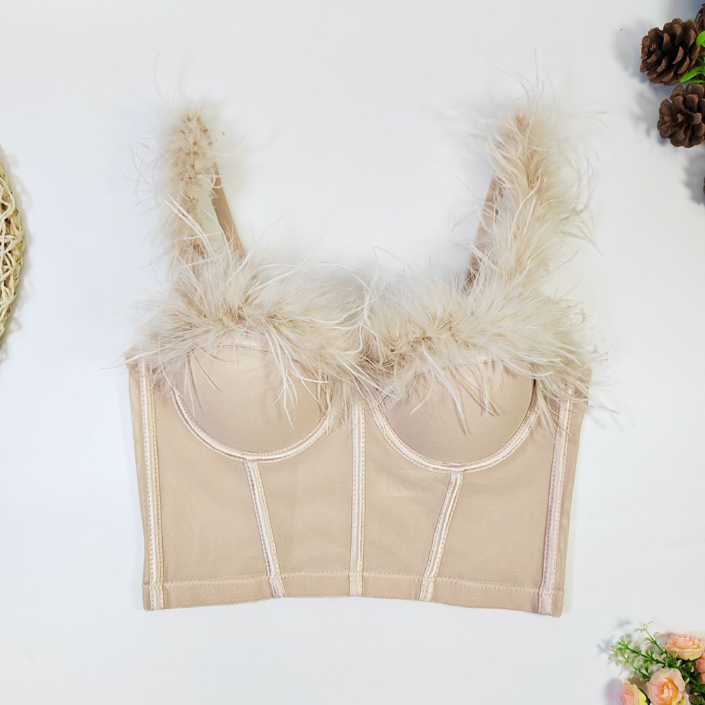 Advanced feeling ostrich fur super fairy fish bone strapless shaping waist cinching slimming big backless feather sling