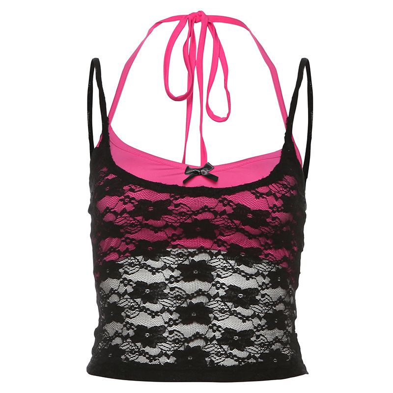 European and American style summer new women's sexy mesh suspender solid color hanging neck and chest wrapped two-piece set