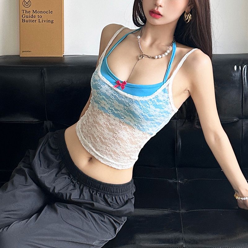 European and American style summer new women's sexy mesh suspender solid color hanging neck and chest wrapped two-piece set