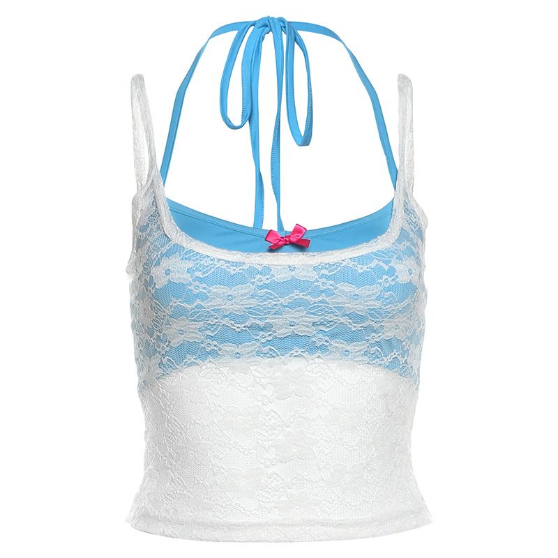 European and American style summer new women's sexy mesh suspender solid color hanging neck and chest wrapped two-piece set