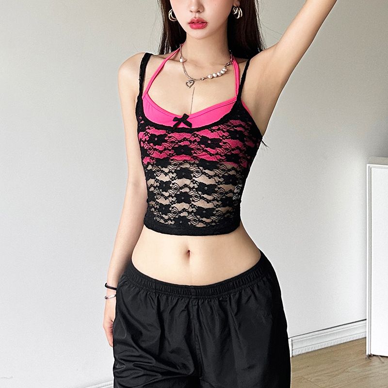 European and American style summer new women's sexy mesh suspender solid color hanging neck and chest wrapped two-piece set