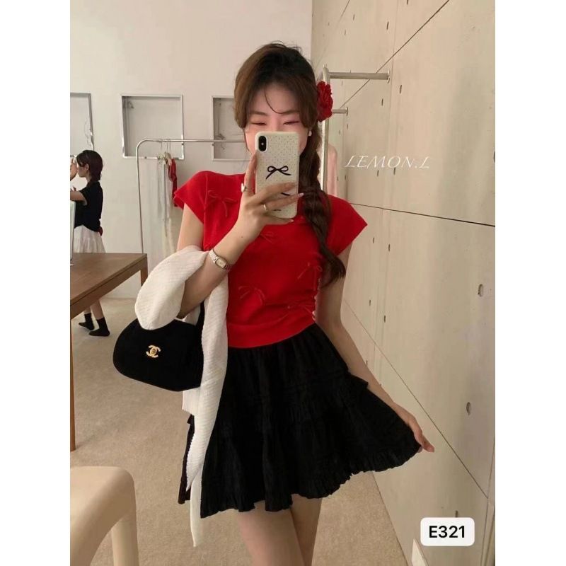 Popular Korean style playful bow stand up collar slimming knit shirt ins commuting short sleeved top