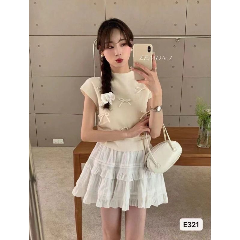 Popular Korean style playful bow stand up collar slimming knit shirt ins commuting short sleeved top