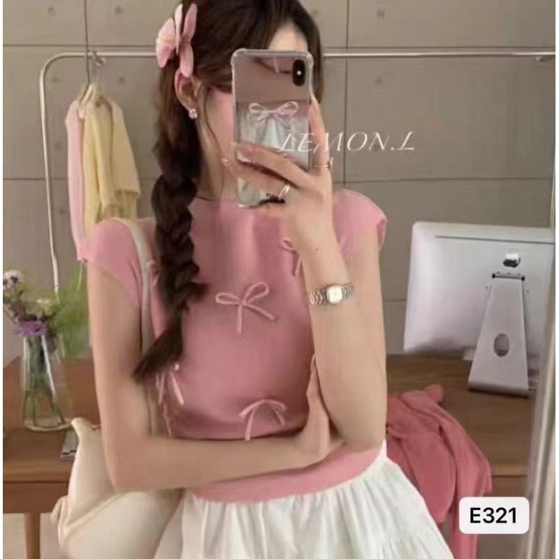 Popular Korean style playful bow stand up collar slimming knit shirt ins commuting short sleeved top