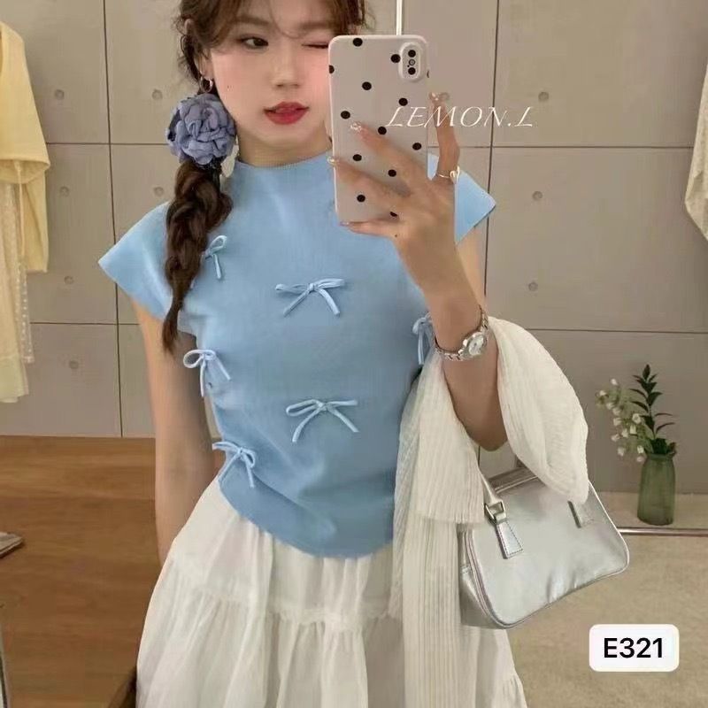 Popular Korean style playful bow stand up collar slimming knit shirt ins commuting short sleeved top