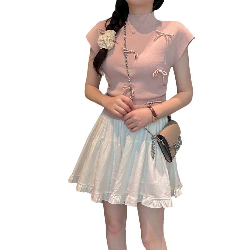 Popular Korean style playful bow stand up collar slimming knit shirt ins commuting short sleeved top
