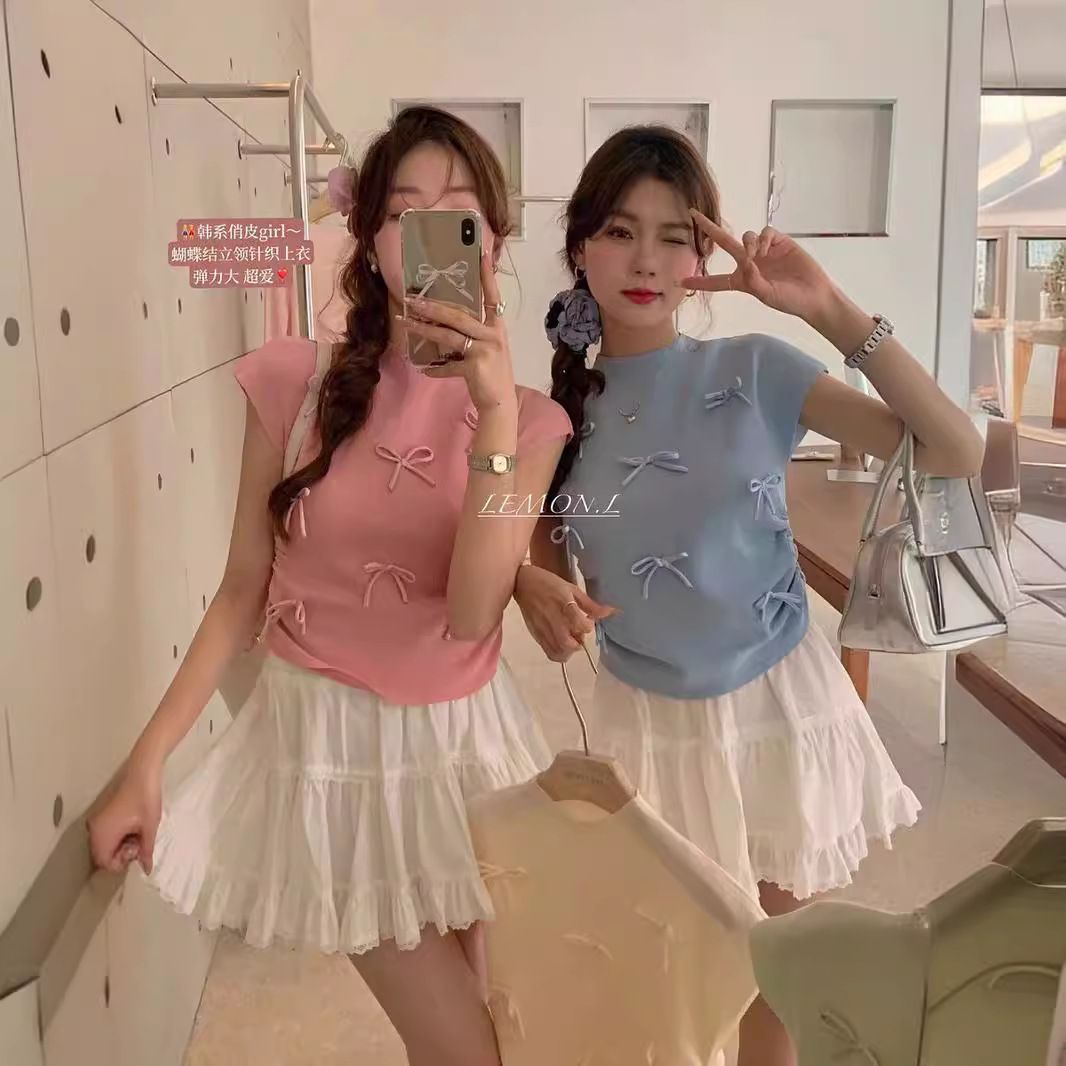 Popular Korean style playful bow stand up collar slimming knit shirt ins commuting short sleeved top