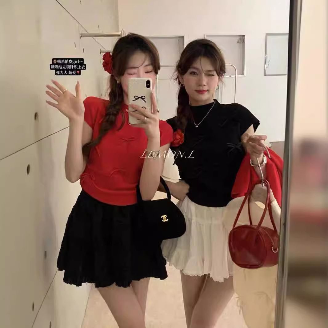 Popular Korean style playful bow stand up collar slimming knit shirt ins commuting short sleeved top