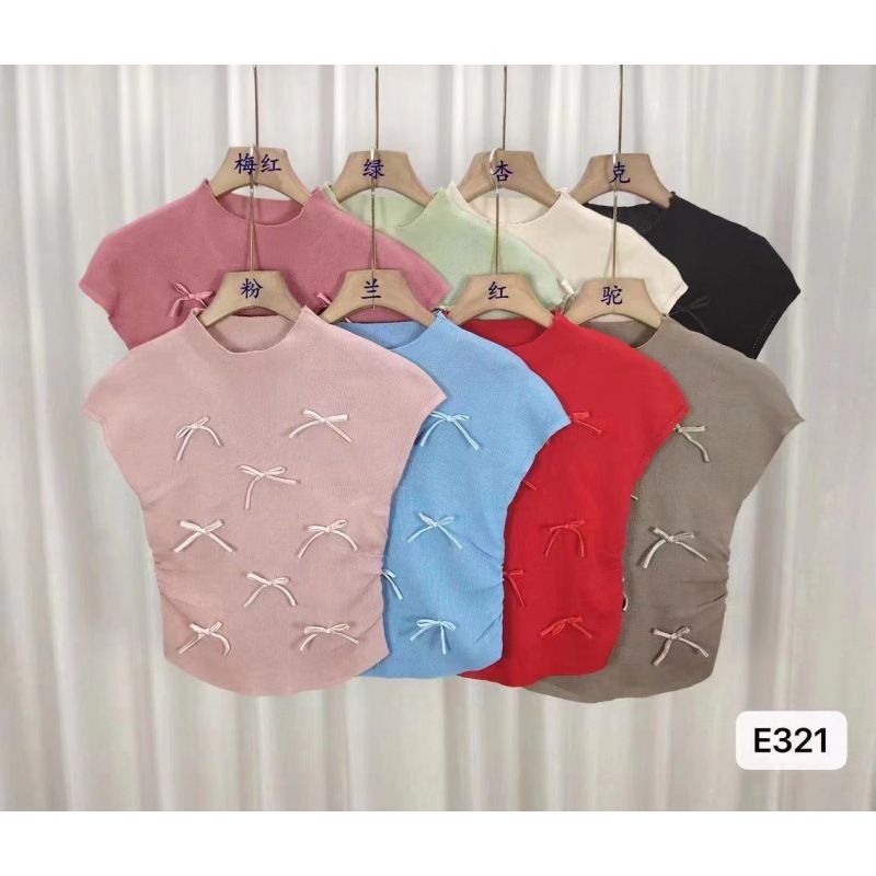 Popular Korean style playful bow stand up collar slimming knit shirt ins commuting short sleeved top