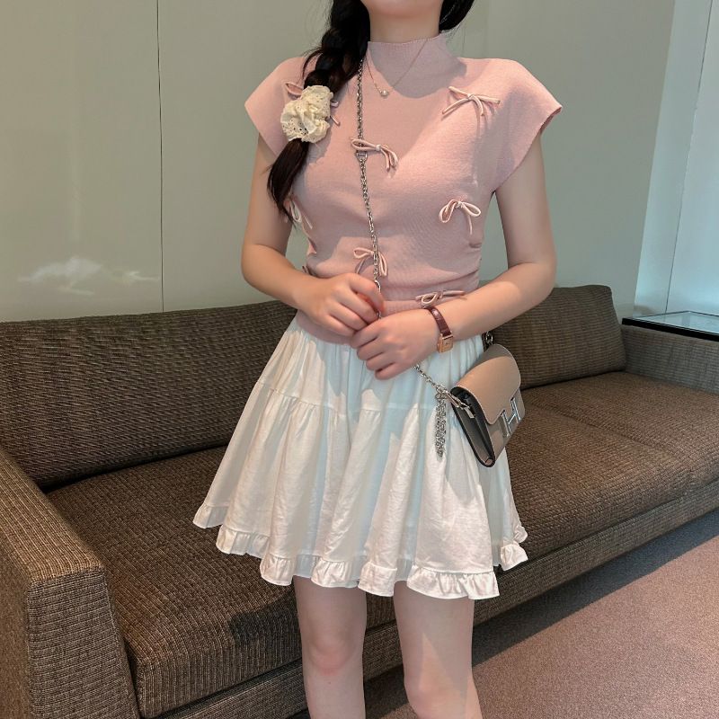Popular Korean style playful bow stand up collar slimming knit shirt ins commuting short sleeved top