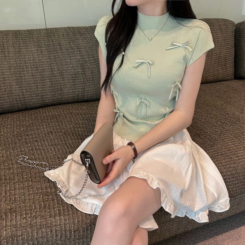 Popular Korean style playful bow stand up collar slimming knit shirt ins commuting short sleeved top